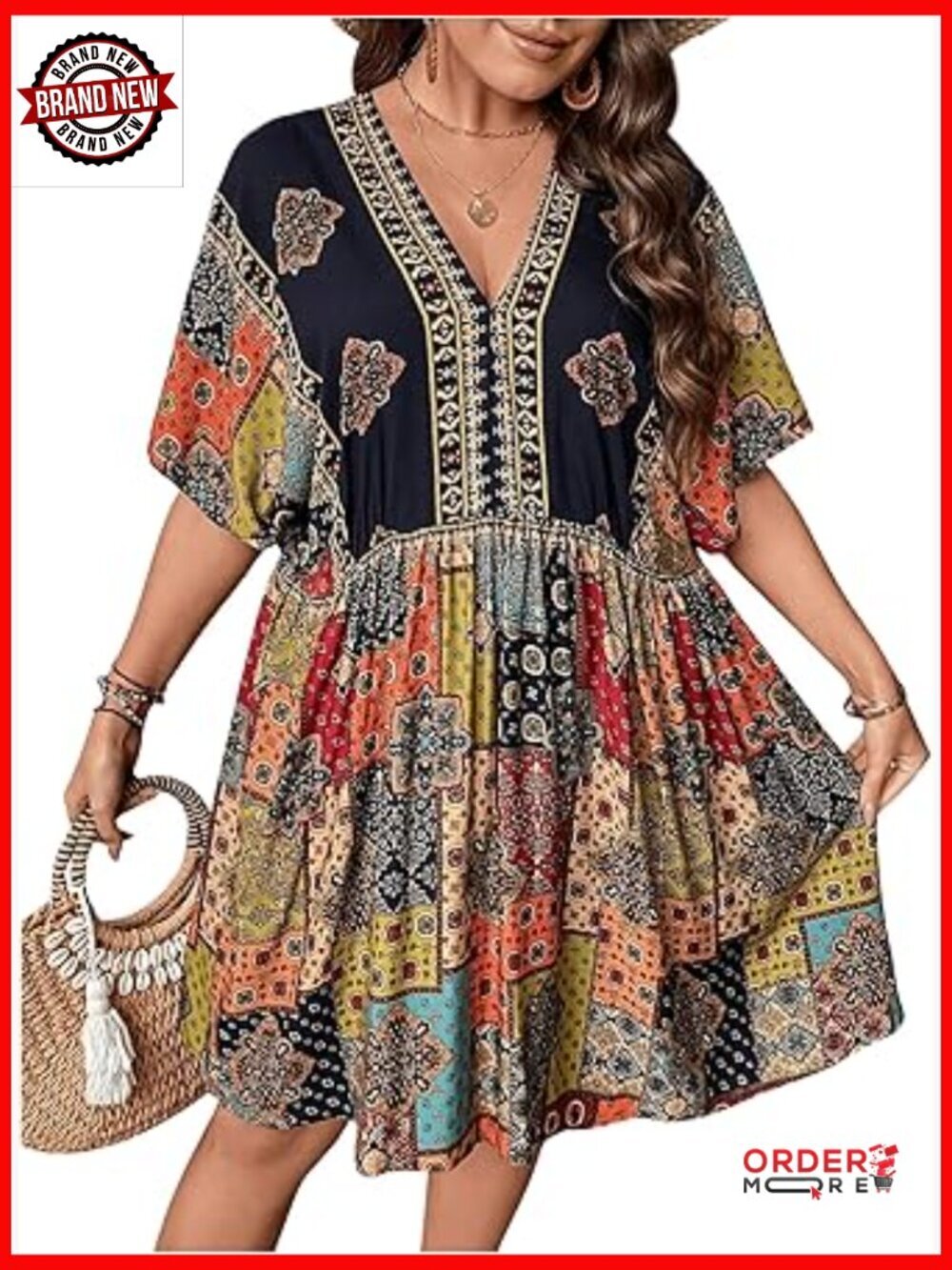 Plus Size Boho Dress Half Sleeve Flowy Sundress V Neck Summer Short Dresses